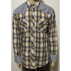 Roper Men's XL Long Sleeve Pearl Snap Plaid Western Shirt Gold Black Cream Gray